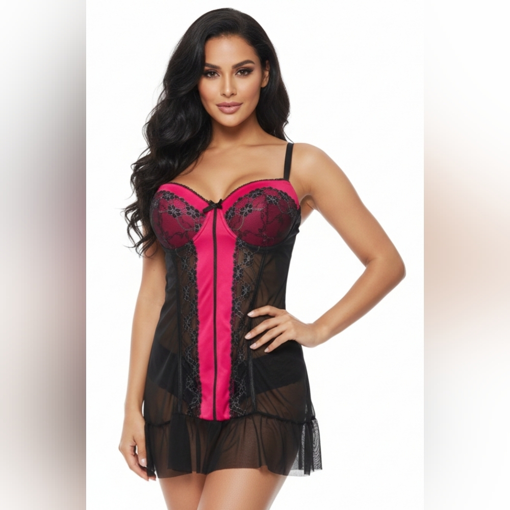 Black Fuchsia by Secret Lace Sexy Lingerie Bra Top Black and Pink 3X